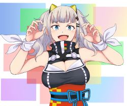 Rule 34 | &gt;:d, 1girl, :d, absurdres, bare shoulders, blue eyes, blunt bangs, blush, breasts, cleavage, cleavage cutout, clothing cutout, dress, fangs, hair ornament, half-closed eyes, highres, kaguya luna, large breasts, looking at viewer, nail, obi, open mouth, paw pose, sash, sleeveless, sleeveless dress, smile, solo, teeth, the moon studio, twintails, v-shaped eyebrows, virtual youtuber