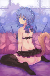 Rule 34 | 1girl, ass, back, bare arms, black thighhighs, blue eyes, blue hair, bow, bra, choker, clock, dead line, expressionless, highres, izayoi sakuya, looking at viewer, looking back, maid headdress, matching hair/eyes, microskirt, no panties, sitting, skirt, solo, tail, thighhighs, touhou, underwear, wariza