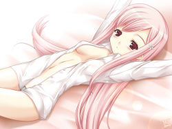 Rule 34 | 00s, 1girl, :&lt;, arms up, bed, blouse, blush, breasts, hair ornament, hairclip, legs folded, legs together, lens flare, long hair, lowleg, lowleg panties, lucy maria misora, lying, no bra, on back, open clothes, open shirt, open skirt, panties, pink eyes, pink hair, purple hair, see-through, shirt, skirt, solo, to heart (series), to heart 2, transparent, underwear, very long hair, wallpaper