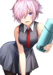 Rule 34 | 1girl, alternate hairstyle, bare shoulders, between breasts, black dress, blush, bottle, breasts, brown pantyhose, chaldea logo, collared dress, commentary request, dress, fate/grand order, fate (series), hair over one eye, herigaru (fvgyvr000), highres, holding, holding bottle, looking at viewer, mash kyrielight, medium breasts, necktie, necktie between breasts, one eye covered, open mouth, outstretched arm, pantyhose, pink hair, ponytail, purple eyes, red necktie, short hair, simple background, sleeveless, smile, solo, sweat, teeth, upper teeth only, water bottle, white background