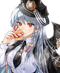 Rule 34 | 1girl, black hat, black jacket, black necktie, black wings, blue archive, bow, braid, breasts, collared shirt, demon wings, eating, food, food on face, frilled shirt, frills, fruit, hair between eyes, hair bow, haruna (blue archive), hat, highres, holding, holding food, jacket, jacket on shoulders, long sleeves, looking at viewer, military hat, narugrm, necktie, red eyes, shirt, short necktie, shortcake, silver hair, simple background, single braid, single wing, solo, star (symbol), strawberry, swept bangs, upper body, white background, white shirt, wings