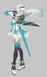 Rule 34 | 1girl, :|, absurdres, black cape, black hairband, black jacket, black thighhighs, blue eyes, blue hair, blue pupils, blue skirt, blue thighhighs, boots, bridal gauntlets, cape, closed mouth, collared shirt, cropped jacket, fighting stance, firefly (honkai: star rail), flat color, floating hair, golemenjoyer, gradient hair, gradient legwear, grey background, hair between eyes, hair intakes, hairband, high heel boots, high heels, highres, holding, holding sword, holding weapon, honkai: star rail, honkai (series), jacket, knees together feet apart, long sleeves, looking to the side, miniskirt, multicolored hair, pleated skirt, serious, shirt, sidelocks, simple background, skirt, solo, sword, thighhighs, v-shaped eyebrows, weapon, white footwear, white hair, white shirt, zettai ryouiki