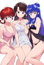 Rule 34 | 3girls, artist request, bare shoulders, bell, blue eyes, blue hair, breasts, collarbone, genderswap, genderswap (mtf), hair bell, hair ornament, kuonji ukyou, large breasts, legs, long hair, looking at viewer, multiple girls, navel, ranma-chan, ranma 1/2, red hair, shampoo (ranma 1/2), simple background, underwear, white background
