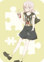 Rule 34 | 1girl, alternate costume, black footwear, blunt bangs, bright pupils, character print, commentary request, cup, danganronpa (series), danganronpa 2: goodbye despair, disney, drinking straw, flipped hair, full body, glasses, holding, holding cup, loafers, long sleeves, looking at viewer, loose socks, medium hair, mickey mouse, mikuni (open-ranka), nanami chiaki, pink eyes, pink hair, puzzle piece, shirt, shoes, short sleeves, shorts, simple background, socks, solo, standing, suspender shorts, suspenders, white pupils