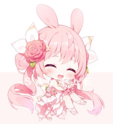 Rule 34 | 1girl, :d, ^ ^, a20 (atsumaru), animal ears, bare shoulders, blush, bouquet, chibi, closed eyes, copyright request, dress, flower, full body, hair flower, hair ornament, hair ribbon, long hair, official art, open mouth, pink background, pink hair, rabbit ears, red flower, red rose, ribbon, rose, sample watermark, shoes, smile, solo, twintails, two-tone background, very long hair, virtual youtuber, watermark, white background, white dress, white flower, white footwear, white ribbon, white rose