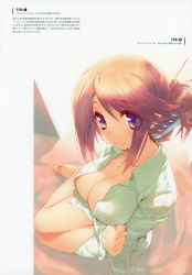 Rule 34 | 1girl, absurdres, amazuyu tatsuki, arm support, barefoot, blush, breasts, brown hair, buttons, cleavage, feet, full body, hair between eyes, highres, long sleeves, looking at viewer, medium breasts, naked shirt, scan, shirt, sidelocks, sitting, solo, to heart (series), to heart 2, toes