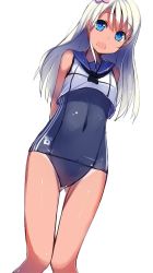 Rule 34 | 10s, 1girl, :o, arms behind back, blonde hair, blue eyes, covered navel, flower, gin00, hair flower, hair ornament, kantai collection, long hair, one-piece swimsuit, open mouth, ro-500 (kancolle), school swimsuit, smile, solo, swimsuit, tan, tanline, thigh gap, white hair