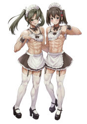 Rule 34 | 2girls, abs, absurdres, alternate costume, alternate muscle size, apron, black footwear, bow, bowtie, breasts, brown bow, brown bowtie, brown eyes, brown hair, brown skirt, dark green hair, detached collar, enmaided, frilled apron, frilled skirt, frills, full body, green eyes, hair ornament, high heels, highres, kantai collection, long hair, maid, maid apron, maid headdress, miniskirt, multiple girls, muscular, muscular female, navel, nipples, one breast out, sahara1127, sendai (kancolle), sendai kai ni (kancolle), simple background, skirt, small breasts, smile, standing, thighhighs, twintails, waist apron, white apron, white background, white thighhighs, wrist cuffs, zuikaku (kancolle)