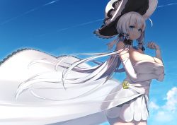 Rule 34 | 1girl, absurdres, arm under breasts, azur lane, bare shoulders, blue eyes, blue gemstone, blue sky, blunt bangs, blush, breast hold, breasts, closed mouth, cloud, commentary request, cowboy shot, day, dress, elbow gloves, eyelashes, from side, gem, gloves, hair ribbon, hat, highres, illustrious (azur lane), large breasts, long hair, looking at viewer, looking back, mole, mole under eye, outdoors, ribbon, shoulder blades, silver hair, sky, sleeveless, sleeveless dress, solo, strapless, strapless dress, sun hat, tress ribbon, upper body, very long hair, white dress, white gloves, white hat, yamanokami eaka