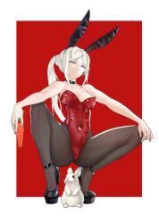 Rule 34 | 1girl, animal, animal ears, bare arms, bare shoulders, black choker, black footwear, black nails, breasts, carrot, chinese zodiac, choker, covered navel, edelgard von hresvelg, fake animal ears, female focus, fire emblem, fire emblem: three houses, food, hairband, high heels, highleg, highleg leotard, highres, holding, holding food, leotard, looking at viewer, medium breasts, nail polish, nintendo, pantyhose, pomelomelon, purple eyes, rabbit, rabbit ears, red background, red leotard, side ponytail, smile, solo, spread legs, squatting, strapless, strapless leotard, white hair, year of the rabbit