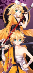 Rule 34 | 1boy, 1girl, aqua eyes, bad id, bad pixiv id, blonde hair, brother and sister, flower, gekokujou, gekokujou (vocaloid), gradient background, hair ornament, hair ribbon, hairclip, hand on own hip, holding, holding sword, holding weapon, japanese clothes, kagamine len, kagamine rin, katana, m-ca, mca (dessert candy), polearm, purple background, ribbon, sarashi, short hair, siblings, smile, spear, swept bangs, sword, twins, vocaloid, weapon