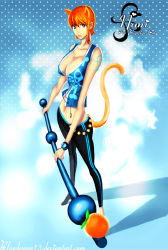 Rule 34 | 1girl, animal ears, bad source, bluedemon13, breasts, cat ears, cat tail, cleavage, clima-tact, earrings, food, fruit, jewelry, large breasts, mandarin orange, nami (one piece), one piece, orange hair, self-upload, solo, tail, tattoo