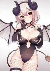 Rule 34 | 1girl, azur lane, bare shoulders, black gloves, black hairband, black nails, blush, breasts, cameltoe, cleavage, collarbone, cosplay, covered navel, demon girl, demon horns, demon tail, demon wings, elbow gloves, fangs, fingerless gloves, fishnet thighhighs, fishnets, gloves, gneisenau (azur lane), grey background, hair between eyes, hairband, hands up, heart, heart-shaped pupils, horns, large breasts, looking at viewer, nail polish, open mouth, pubic tattoo, red eyes, ry thae, short hair, simple background, sirius (azur lane), solo, stomach tattoo, symbol-shaped pupils, tail, tattoo, thigh gap, thigh strap, thighhighs, white hair, wings