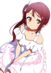 Rule 34 | 10s, 1girl, alternate hairstyle, bad id, bad pixiv id, between legs, bow, brown eyes, dress, flower, hair bow, hair flower, hair ornament, hand between legs, icehotmilktea, long hair, looking at viewer, love live!, love live! school idol festival, love live! sunshine!!, red hair, sakurauchi riko, side ponytail, simple background, solo, white background, white bow