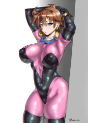 Rule 34 | 1girl, arms behind head, arms up, blaccura, black thighhighs, blue eyes, bodysuit, breasts, brown hair, covered erect nipples, earrings, elbow gloves, female focus, g gundam, gloves, gundam, hairband, highres, jewelry, large breasts, looking at viewer, mobile trace suit, necklace, puffy nipples, rain mikamura, shiny clothes, short hair, skin tight, skindentation, solo, thighhighs, thighs, twitter username