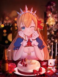 Rule 34 | 1girl, absurdres, ahoge, blue eyes, blurry, blurry background, blush, bottle, braid, breasts, cake, candle, candlelight, christmas, cleavage, closed mouth, commentary, flower, food, fruit, gift, gloves, hair ribbon, highres, indoors, large breasts, long hair, looking at viewer, merry christmas, one eye closed, orange hair, pani (wpgns9536), pecorine (princess connect!), princess connect!, puffy short sleeves, puffy sleeves, ribbon, rose, short sleeves, sitting, smile, solo, strawberry, tiara, white gloves