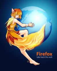 Rule 34 | 1girl, animal ears, barefoot, cuffs, earth (planet), feet, mozilla firefox, os-tan, personification, planet, product girl, short hair, solo, tail, vest, world, wrist cuffs