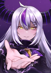 Rule 34 | 1girl, absurdres, ahoge, artist name, asarizer, braid, commentary, dated, demon horns, electricity, grey hair, highres, hololive, horns, la+ darknesss, long hair, multicolored hair, pointy ears, portrait, purple background, purple hair, reaching, reaching towards viewer, solo, striped horns, two-tone hair, virtual youtuber, yellow eyes
