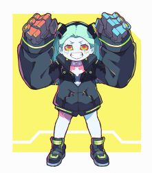 Rule 34 | 1girl, artificial eye, black jacket, chibi, colored sclera, colored skin, commentary, cyberpunk (series), cyberpunk edgerunners, english commentary, fewer digits, green hair, grin, highres, jacket, kukie-nyan, looking at viewer, mechanical arms, mechanical eye, mechanical hands, neck tattoo, no pants, rebecca (cyberpunk), red eyes, red sclera, samurai jacket (cyberpunk), shoes, smile, sneakers, solo, tattoo, twintails, white skin