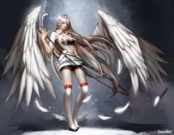 Rule 34 | 00s, 1girl, absurdres, angel wings, ankle wings, belt, blue eyes, breasts, bullet, chain, cleavage, collared shirt, dungeon and fighter, feathers, female gunner (dungeon and fighter), female ranger (dungeon and fighter), fishnet pantyhose, fishnets, full body, glint, gun, hair ornament, handgun, highres, kneehighs, large breasts, lips, long hair, looking at viewer, midriff, monaim, open clothes, open shirt, pantyhose, platform footwear, revolver, shirt, silver hair, socks, solo, standing, weapon, white socks, wings