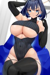 Rule 34 | 1girl, absurdres, black thighhighs, blue cape, blue eyes, blue hair, bow, bow earrings, breasts, cape, cleavage cutout, clock hands, closed mouth, clothing cutout, covered navel, cromwellb, earrings, elbow gloves, gloves, hair intakes, halo, highres, hololive, hololive english, jewelry, leotard, looking at viewer, mechanical halo, ouro kronii, ouro kronii (1st costume), short hair, solo, striped clothes, striped leotard, thighhighs, underboob, v-shaped eyebrows, virtual youtuber