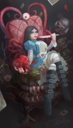 Rule 34 | 1girl, absurdres, alice: madness returns, alice (alice in wonderland), american mcgee&#039;s alice, american mcgee's alice, apron, black hair, blood, boots, breasts, card, dress, green eyes, heart, highres, jewelry, jupiter symbol, knife, long hair, looking at viewer, nail polish, necklace, orionyhy, pantyhose, puffy sleeves, queen of hearts (alice in wonderland), smile, striped clothes, striped legwear, striped pantyhose