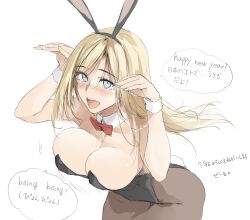 Rule 34 | 1girl, animal ears, bare shoulders, black leotard, blonde hair, blue eyes, blush, bow, breasts, cleavage, collar, fake animal ears, freckles, highres, large breasts, leotard, long hair, looking at viewer, open mouth, original, pantyhose, playboy bunny, rabbit pose, ribbon, simple background, smile, solo, wrist cuffs, zekkyon