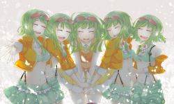 Rule 34 | 5girls, breasts, clone, goggles, goggles on head, green hair, gumi, headphones, jacket, gumi (v3 megpoid), midriff, multiple girls, multiple persona, navel, open mouth, pineapple (a30930s), short hair, skirt, smile, suspenders, vocaloid
