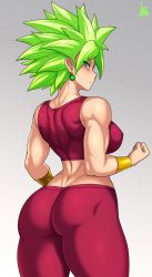 Rule 34 | 1girl, absurdres, aqua eyes, artist name, ass, back, breasts, clenched hand, closed mouth, dragon ball, dragon ball super, earrings, from behind, green hair, grey background, highres, jewelry, jmg, kefla (dragon ball), large breasts, looking back, midriff, muscular, muscular female, pants, potara earrings, red pants, simple background, skin tight, solo, spiked hair, super saiyan, tank top