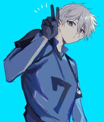 Rule 34 | 1boy, :o, blue background, blue lock, bright pupils, commentary request, gloves, grey hair, hair between eyes, highres, long sleeves, looking at viewer, male focus, nagi seishirou, short hair, simple background, soccer uniform, solo, sportswear, toramaru (696anna), upper body, v, white pupils
