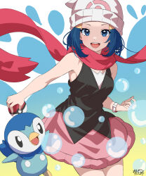 Rule 34 | 1girl, :d, absurdres, beanie, black shirt, blue eyes, blue hair, bracelet, commentary request, creatures (company), dawn (pokemon), eyelashes, floating scarf, game freak, gen 4 pokemon, hair ornament, hairclip, hat, highres, holding, holding poke ball, jewelry, looking at viewer, mototaku, nintendo, open mouth, pink scarf, pink skirt, piplup, poke ball, poke ball (basic), pokemon, pokemon (creature), pokemon dppt, scarf, shirt, sidelocks, skirt, sleeveless, sleeveless shirt, smile, teeth, tongue, upper teeth only, white headwear
