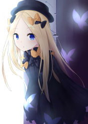 Rule 34 | 1girl, abigail williams (fate), absurdres, backlighting, black bow, black dress, black hat, blonde hair, blue eyes, bow, breasts, bug, butterfly, dress, fate/grand order, fate (series), forehead, hair bow, hat, highres, insect, long hair, looking at viewer, multiple hair bows, negi 0712, open mouth, orange bow, parted bangs, polka dot, polka dot bow, ribbed dress, sleeves past fingers, sleeves past wrists, small breasts
