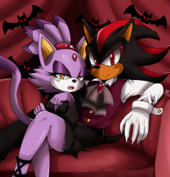 Rule 34 | 1boy, 1girl, bat (animal), blaze the cat, chair, claws, couple, eric lowery, gloves, halloween, red eyes, red upholstery, sega, shadow the hedgehog, sitting, sonic (series), tail, yellow eyes