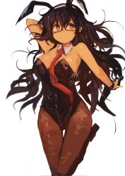 Rule 34 | 1girl, absurdres, alternate breast size, alternate costume, animal ears, arm behind head, black hair, black leotard, blush, breasts, bright pupils, closed mouth, commentary, detached collar, fake animal ears, glasses, highres, kaamin (mariarose753), kantai collection, large breasts, leotard, long hair, messy hair, necktie, ooyodo (kancolle), pantyhose, playboy bunny, rabbit ears, smile, standing, standing on one leg, sweatdrop, thigh gap, white background, white pupils