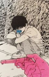 Rule 34 | 1boy, aiming, arms on knees, black hair, crossed arms, grass, greyscale, gun, highres, holding, holding gun, holding weapon, male focus, monochrome, original, pants, pov, pov hands, retro artstyle, shaded face, shundei (enig), spot color, squatting, weapon