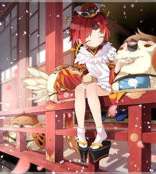Rule 34 | 1girl, apron, architecture, benienma (fate), bird, box, cherry blossoms, east asian architecture, closed eyes, fate/grand order, fate (series), feeding, guranyto, low ponytail, petals, platform clogs, rice, sitting, smile, solo, sparrow