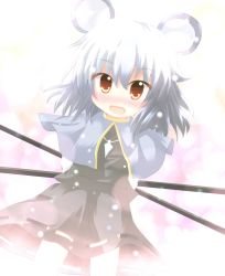 Rule 34 | 1girl, animal ears, arms behind back, blush, capelet, dowsing rod, fang, female focus, grey hair, jewelry, mouse ears, nazrin, open mouth, pendant, short hair, skirt, smile, solo, touhou, yellow eyes, yuya (minus-k)