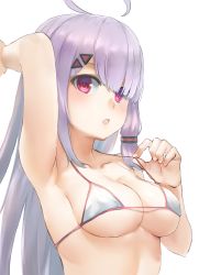 Rule 34 | 1girl, :o, ahoge, arm up, armpits, bad id, bad pixiv id, bare arms, bare shoulders, bikini, breasts, cleavage, collarbone, hair ornament, halterneck, halterneck, highres, large breasts, light purple hair, long hair, looking at viewer, marulire, open mouth, red eyes, simple background, solo, strap pull, swimsuit, upper body, virtual youtuber, white background, white bikini, yumeno shiori, yumeno shiori channel