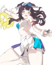 Rule 34 | 1girl, absurdres, arm up, bare shoulders, black hair, blue archive, blue eyes, blush, breasts, embarrassed, from below, half-closed eyes, hibiki (blue archive), hibiki (cheer squad) (blue archive), highres, leg up, looking at viewer, midriff, millennium cheerleader outfit (blue archive), open mouth, pom pom (cheerleading), pom pom (clothes), sieru, simple background, skirt, solo, sweatdrop, thighs, white background