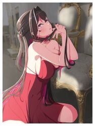 Rule 34 | 1girl, absurdres, adjusting hair, armchair, azki (hololive), bare shoulders, border, braid, breasts, brown hair, chair, colored inner hair, dress, french braid, gown, hair intakes, head tilt, highres, hololive, large breasts, loeldrive, long hair, looking at viewer, multicolored hair, on floor, parted lips, pink hair, purple eyes, red dress, red nails, short dress, sitting, solo, spaghetti strap, strap slip, streaked hair, very long hair, virtual youtuber, wariza, white border, white hair