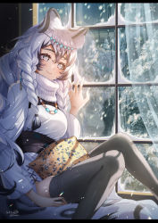 Rule 34 | 1girl, absurdres, animal ear fluff, animal ears, arknights, black hair, black thighhighs, blush, braid, breasts, closed mouth, curtains, dress, earrings, extra ears, grey eyes, highres, indoors, jewelry, knees up, leopard ears, long hair, long sleeves, medium breasts, multicolored hair, necklace, pillow, pramanix (arknights), sallyzaemon, signature, silver hair, sitting, skirt, smile, snow, snowing, solo, thighhighs, turtleneck, turtleneck dress, twin braids, two-tone hair, underbust, very long hair, white dress, window, winter