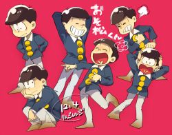 Rule 34 | 6+boys, arms behind head, brown hair, child, closed eyes, dated, expressions, heart, heart in mouth, laughing, male focus, matching outfits, multiple boys, open mouth, osomatsu-kun, ringorenji, smile, surprised, wing collar