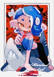 Rule 34 | 1girl, aluy01, blood, blood on face, blood on hands, blue hair, blue shawl, cephalopod eyes, earrings, english text, highres, jewelry, looking at viewer, multiple earrings, nintendo, octoling, red eyes, shark, shawl, shiver (splatoon), solo, splatoon (series), splatoon 3, suction cups, teeth, tentacle hair, tooth earrings