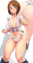 Rule 34 | 1girl, absurdres, ass, blush, blush stickers, bob cut, boku no hero academia, breasts, brown eyes, brown hair, cleavage, clenched hands, collarbone, crop top, female pubic hair, fighting stance, fundoshi, hand up, highres, japanese clothes, kneehighs, large breasts, legs, legs apart, looking at viewer, midriff, minakami (flyingman555), mizu happi, multiple views, navel, no bra, outstretched arm, pubic hair, pussy, rope, see-through, shiny skin, shirt, short bangs, short hair, simple background, sleeves pushed up, smile, socks, standing, stomach, sweat, thick thighs, thighs, thong, tied shirt, uraraka ochako, wavy mouth, white background, zoom layer