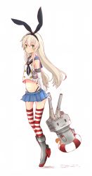 Rule 34 | 10s, 1girl, animal ears, arms behind back, blonde hair, kantai collection, koneko mari, looking at viewer, navel, patterned legwear, personification, pleated skirt, rabbit ears, shimakaze (kancolle), skirt, solo, striped legwear, two-tone stripes