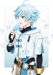 Rule 34 | 1boy, ahoge, ar (rikuesuto), black gloves, blue eyes, blue hair, border, checkered background, chinese clothes, chongyun (genshin impact), diamond (shape), eating, fingerless gloves, food, from side, genshin impact, gloves, gradient background, hair between eyes, holding, holding food, holding popsicle, hood, hood down, ice cream, blue background, light blue hair, long sleeves, looking ahead, male focus, open mouth, outside border, popsicle, short hair, simple background, solo, teeth, upper teeth only, vision (genshin impact), white background, white border, white hood