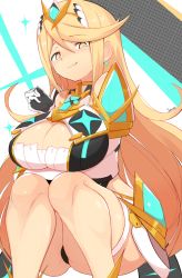 Rule 34 | 1girl, bare legs, bare shoulders, blonde hair, blush, breasts, chest jewel, cleavage, cleavage cutout, clothing cutout, dress, earrings, elbow gloves, gloves, highres, jellcaps, jewelry, large breasts, long hair, looking at viewer, mythra (xenoblade), nintendo, short dress, smile, solo, squatting, swept bangs, thigh strap, tiara, very long hair, white dress, white footwear, white gloves, xenoblade chronicles (series), xenoblade chronicles 2, yellow eyes