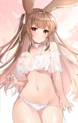 Rule 34 | 1girl, animal ears, bare shoulders, bikini, breasts, brown hair, choker, closed mouth, collarbone, commentary request, cowboy shot, expressionless, frilled bikini, frills, groin, hair ribbon, heart, heart-shaped pupils, highres, katsushika pachi, long hair, looking at viewer, medium breasts, navel, off-shoulder bikini, off shoulder, original, rabbit ears, red eyes, ribbon, see-through, solo, standing, stomach, swimsuit, symbol-shaped pupils, thighs, two side up, untied bikini, white bikini, white choker, wide hips
