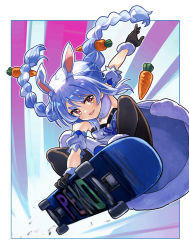 Rule 34 | 1girl, animal ear fluff, animal ears, arm up, black gloves, black pantyhose, blue hair, blush, braid, breasts, carrot hair ornament, commentary request, detached sleeves, don-chan (usada pekora), dress, extra ears, floating hair, food-themed hair ornament, gloves, hair ornament, highres, hololive, long hair, looking at viewer, orange eyes, pantyhose, rabbit ears, sakino shingetsu, short sleeves, skateboard, skateboarding, small breasts, smile, symbol-shaped pupils, thick eyebrows, twin braids, twintails, usada pekora, usada pekora (1st costume), v-shaped eyebrows, virtual youtuber, white dress