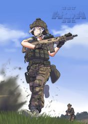 Rule 34 | 1girl, absurdres, ammunition pouch, arma (series), arma 3, assault rifle, blue eyes, body armor, boots, camouflage, copyright name, erica (naze1940), gloves, gun, headset, helmet, highres, load bearing vest, military, military operator, military uniform, pouch, rifle, silver hair, soldier, uniform, weapon, woodland camouflage